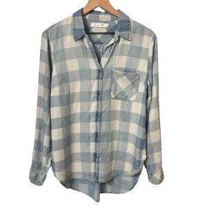 Billy T Button Up Shirt Small Plaid Blue White 100% Lyocell Long Sleeve Roll Tab